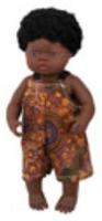 Baby boy doll in Aboriginal print overalls