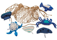 Net bag containing six soft toys of sea animals