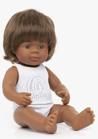 Plastic doll of a boy with medium-length hair wearing a nappy and singlet